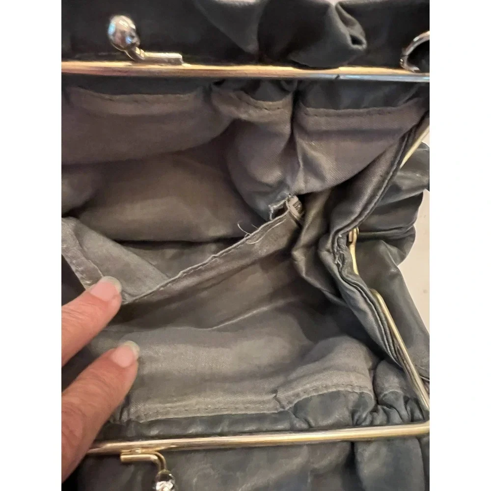 Vintage Gray Leather Handbag Kiss Lock Frame Hobo Shoulder Bag Ruched Top